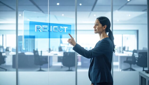 Businesswoman interacting with a futuristic transparent touchscreen displaying the word REJECT in a modern office environment, technology concept