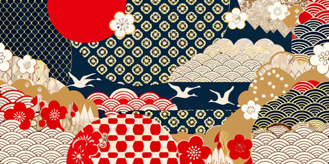 Intricate patchwork of traditional japanese patterns and floral motifs © Prosanta