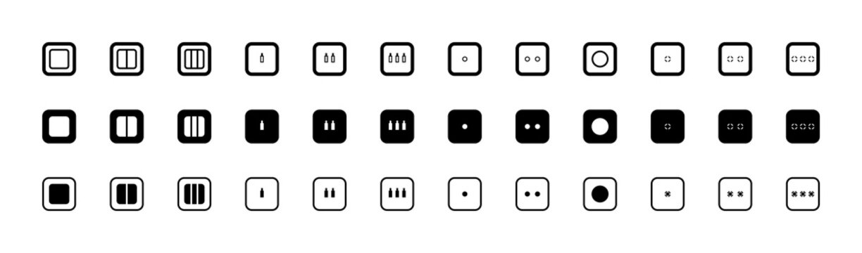 Comprehensive set of universal light switch icons in three styles. Minimalist vector collection of toggle push button and touch controls for home design.
