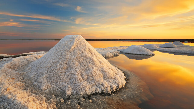 A serene landscape of salt formations at sunset with a peaceful sky