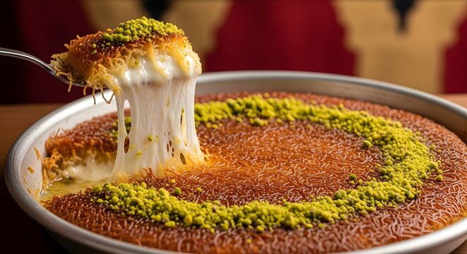 Close-up of a traditional Turkish dessert, tavuk g&ouml;ğs&uuml;, with a stretchy, chewy texture, garnished with pistachio, being lifted with a spoon