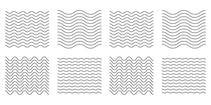 Wavy lines pattern vector element, wave ripple thin line strokes simple zigzag texture set, stream zig zag background backdrop image clip graphic illustration
