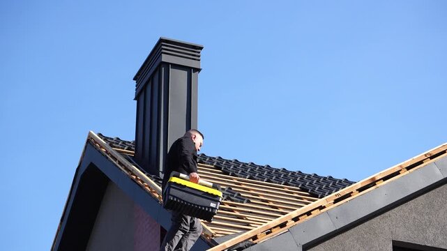 Roof work. A man on a roof with tools prepares for work and repairs. Roof work on a private home.