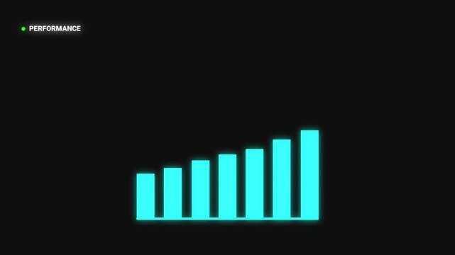 Animated glowing bar chart with rising green arrow on black background, business performance and financial growth concept