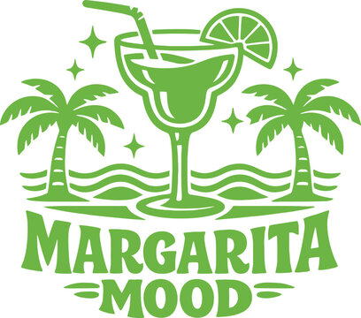 Margarita Mood tropical cocktail vector, summer beach drink illustration, palm trees ocean wave design, lime margarita glass, retro summer typography, vacation party graphic, coastal lifestyle brandin
