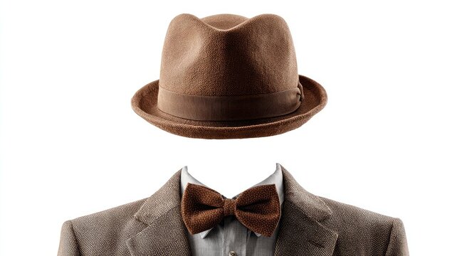 A brown fedora hat hovers above a suit jacket, shirt, and bowtie
