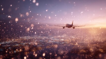 Naklejka premium Airplane flying over city lights at sunset with bokeh glowing particles. Commercial aircraft in night sky during travel. Concept of transportation, journey, adventure and night flight arrival.