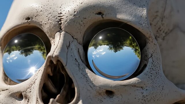 Close-up of skull with eye sockets reflecting a sky filled with clouds and green trees