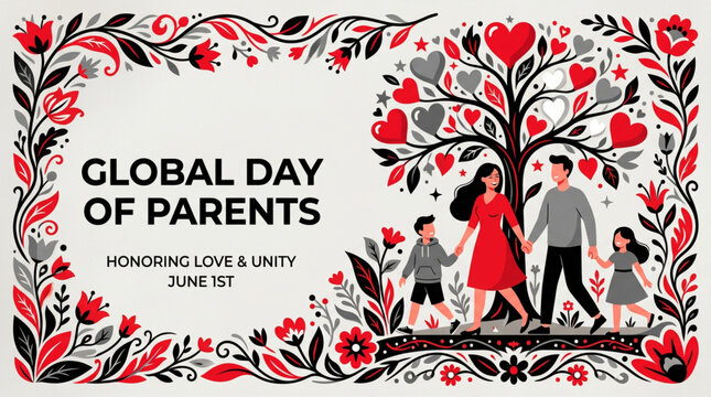 Artistic family scene beneath heart shaped tree with red floral elements celebrating global parents day love unity and togetherness concept for greeting and awareness illustration vector