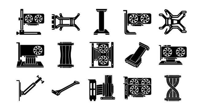 GPU support bracket and video card holder icons, 15 black vector silhouettes of graphics card anti-sag stands, computer hardware accessories set