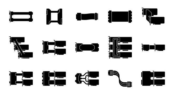 Computer hardware bridge connectors set, 15 black silhouette icons of SLI and Crossfire GPU bridges, multi-GPU link components for PC gaming builds