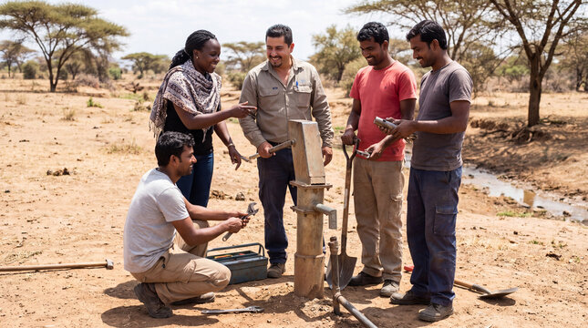 Multicultural group of field workers repairing hand pump well in dry savanna, collaborating with tools and smiles while surrounded by acacia trees and arid landscape
