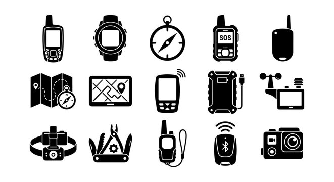 Outdoor adventure navigation icons, 15 black silhouette GPS and survival gear symbols, hiking equipment and travel technology vector set