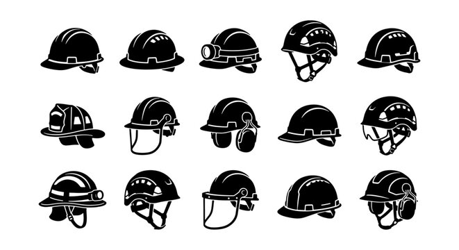 Industrial safety helmet icons set, construction hard hat vector collection, protective headwear for engineering and mining, 15 black silhouette symbols