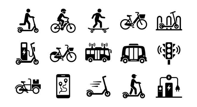 Urban mobility icons set, 15 black micro-mobility vector symbols, electric scooter and bicycle transportation signs, smart city transit graphics