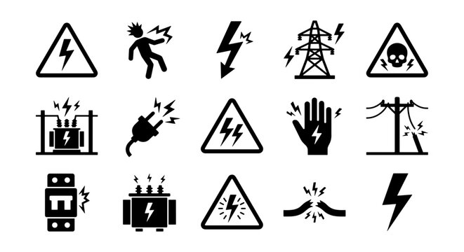 Electrical hazard warning icons set, 15 black high voltage safety symbols, industrial electricity danger signs for workplace security and utility labels