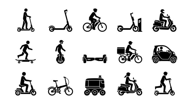 Micro mobility icons set, electric scooter and bicycle silhouettes, personal urban transportation vector elements, eco-friendly city travel symbols