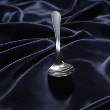 Stainless Steel Spoon. Non-Living Things Around Us. Classification Skills. a single stainless steel spoon resting on a dark velvet cloth, set in a studio with focused spotlighting
