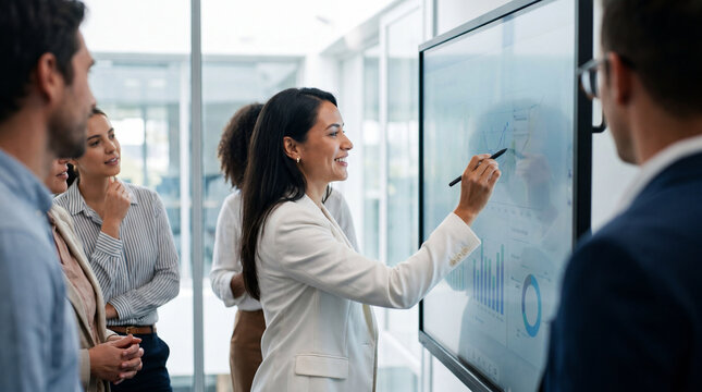 Modern businesswoman leading presentation on touchscreen display, smiling and explaining charts to diverse team while pointing at data and graphs in bright office meeting room