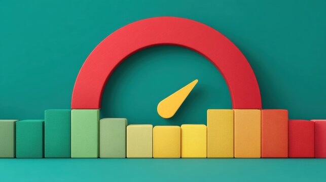 Gauge icon with bar chart representing performance and risk levels. Speedometer indicator needle on colorful scale. Financial indicator, data analysis and productivity management tool.