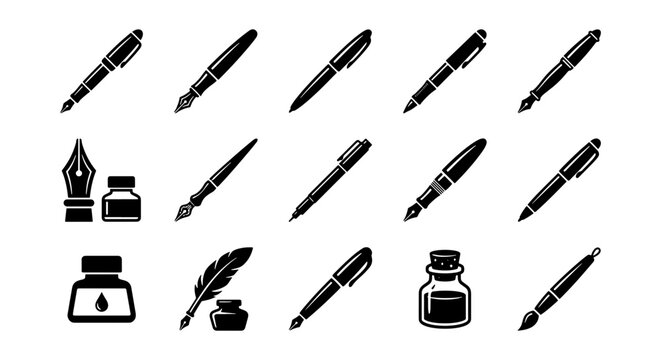Vintage fountain pen and ink bottle icons, set of 15 black vector calligraphy tools, classic writing instruments and quill feather symbols
