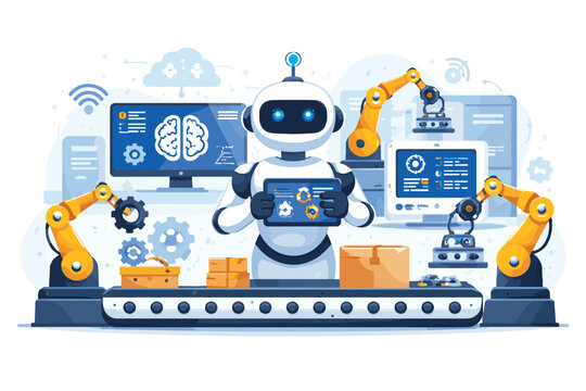 AI Agent for Industrial Automation and Smart Manufacturing Concept with Robotic Arms on Assembly Line, Artificial Intelligence Controlling Factory Production, Industry 4.0 Flat Vector Illustration