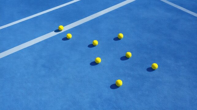Yellow tennis ball scattered on blue court surface. Sport equipment on hard ground with white line marking. Concept of professional game training and active lifestyle for tournament.