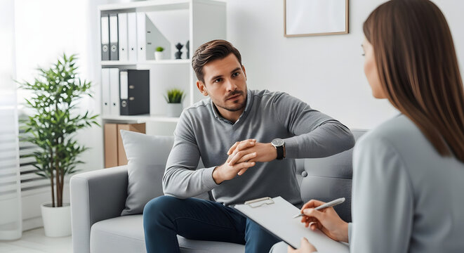 Man confiding in therapist during a counseling session in a bright, modern office.