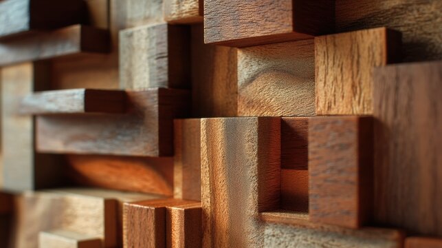 Abstract wooden wall panel with geometric blocks. Three dimensional background featuring textured timber cubes. Architectural design element for interior decoration and construction concept.