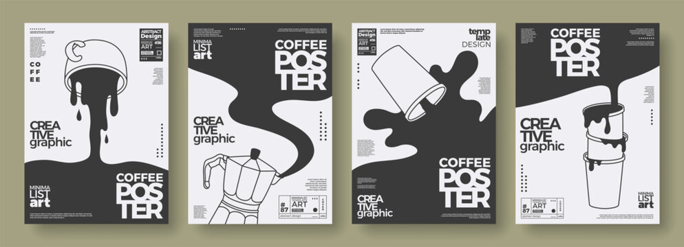 Coffee concept design. Outline posters set of cup, paper cups, coffeemaker. Abstract templates with spilling, flowing coffee. Trendy linear minimalist illustrations for wall art, cafe menu, coffeeshop