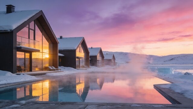 Snowy cabins with steaming pool at sunset