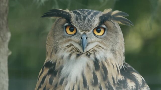A close-up of an owl with ear tufts and piercing yellow-orange eyes, detailed brown and black feather patterns, set against blurred greenery, symbolizing nocturnal focus, camouflage, and predatory ski
