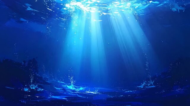 An underwater view shows sunbeams piercing deep blue water, with bubbles and indistinct shapes