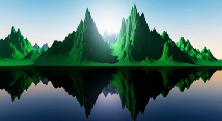 Fototapete Reflection Green mountain range reflected in a smooth, blue water surface under a soft sky, evoking serenity, vastness, and exploration, great for travel concepts  © PhotoArtHub