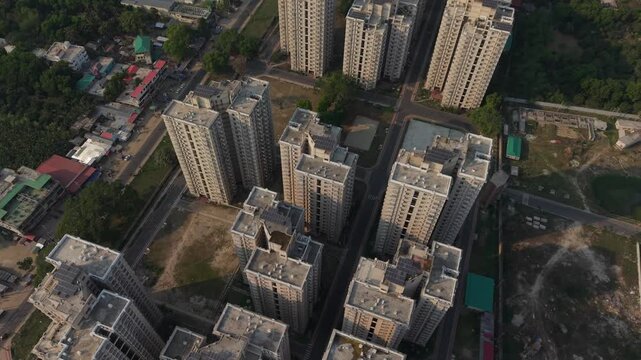 Aerial view of urban residential buildings under construction in a city landscape