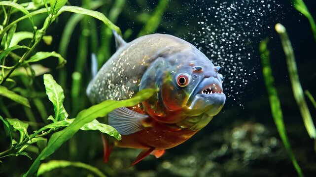 A large piranha swims near aquatic plants underwater in a freshwater aquarium environment.