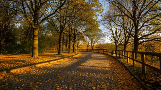 Golden autumn path lined with trees and fallen leaves under warm sunlight.