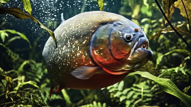 A large piranha swims through clear water with aquatic plants and bubbles around it in a natural environment.