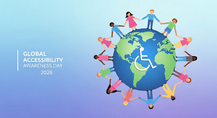 Naklejka premium Illustration of world globe encircled by diverse people, symbolising Global Accessibility Awareness Day, diversity, equality, inclusion and global partnership