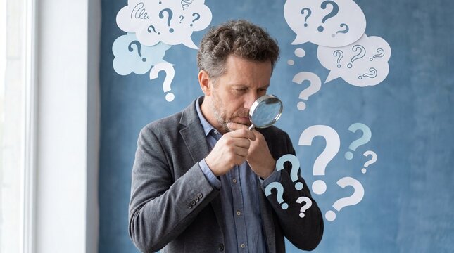 Concentrated Businessman Looking Through Magnifying Glass Surrounded by Question Marks