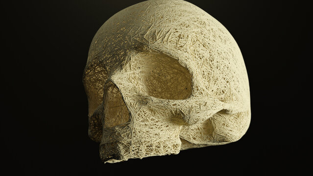 Skull dissolving imagery. Crumbling skull formed from grains against dark background