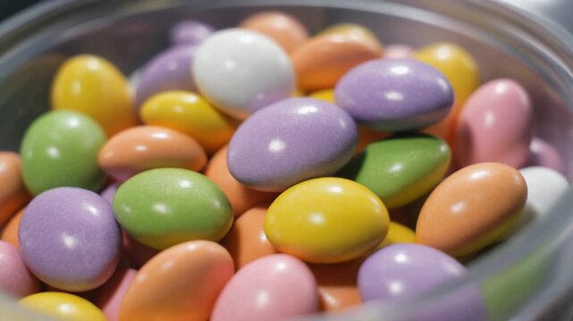 A vibrant, high-detail macro of a large pile of egg-shaped Jordan almonds in a clear acrylic bin. Ai