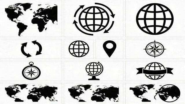layout consisting of 16 square sections, each containing a black and white icon on a white background. The icons are primarily globe-themed, featuring various representations of the Earth and global s
