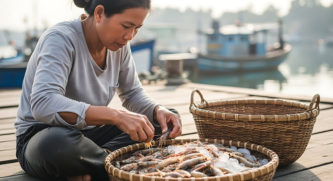 Woman sorting fresh caught shrimp on a wooden pier with fishing boats in the background