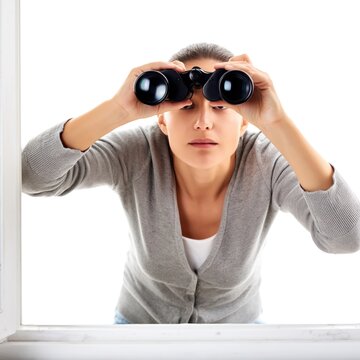 Woman Using Binoculars at Window Perspective