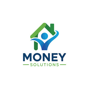 Abstract logo featuring a house shape with a person and the word money