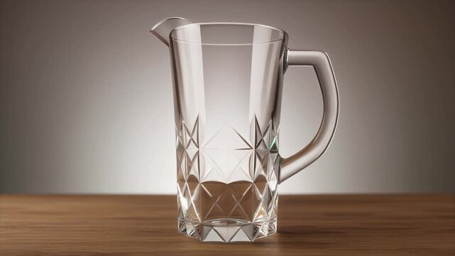 The Glass Water Pitcher. Non-Living Things Around Us. Classification Skills. an empty glass pitcher with a geometric handle, set on a wooden table with a soft gradient background
