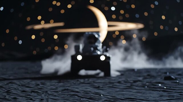 A futuristic lunar rover explores a dark, cratered moonscape under a glowing crescent moon and starry sky.