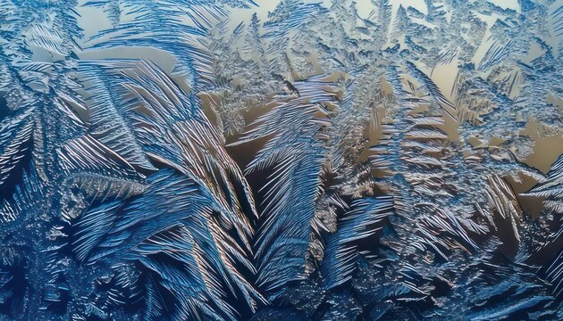 Intricate patterns of frost crystals on a window pane in winter.
