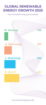 Infographic design on global renewable energy growth by projected sources for 2025.